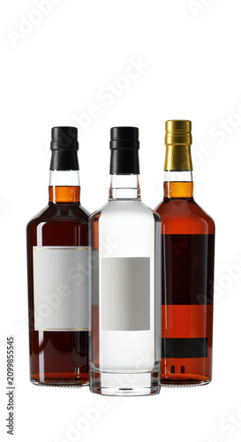 three vertically aligned luxury spirit bottles (dark amber, clear, caramel liquids) on a reflective white surface against a brilliant studio background for a product mockup. concept for premium