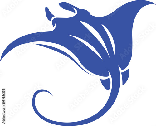 Elegant blue manta ray illustration gracefully gliding through the expansive ocean depths, embodying the serene beauty and majestic power of marine life in a captivating design