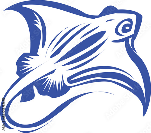 Stylized blue stingray illustration with flowing lines and detailed fins, perfect for aquatic themes and marine life designs