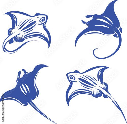Striking blue manta ray illustration, a graceful sea creature soaring through ocean waters, perfect for aquatic themes and marine life art