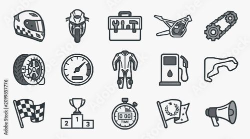 Fotografie Dynamic Black and White Icons Set Featuring Motorcycle Racing Gear Tools and Com