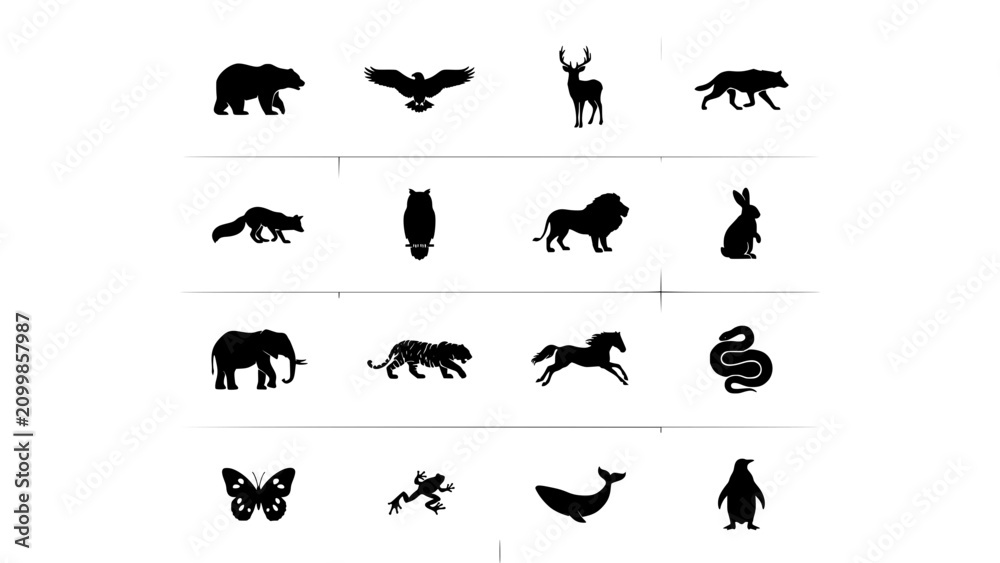 Obraz premium Animals Silhouettes in a Grid Pattern with Various Species Featuring Bear, Eagle, Deer with Wolf and Cat Elements for Owl, Lion