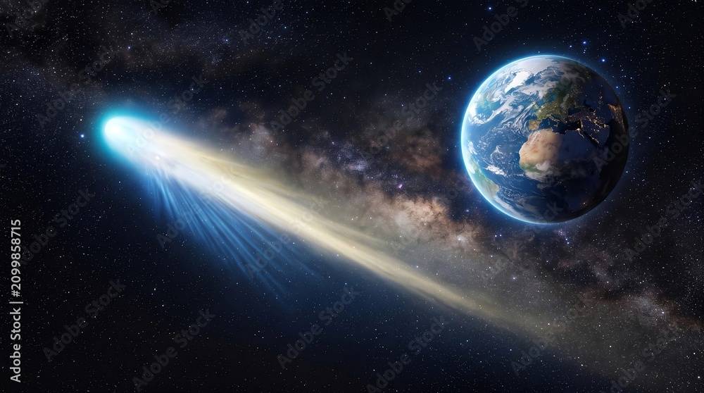 Naklejka premium A comet streaks across the night sky towards Earth from space.
