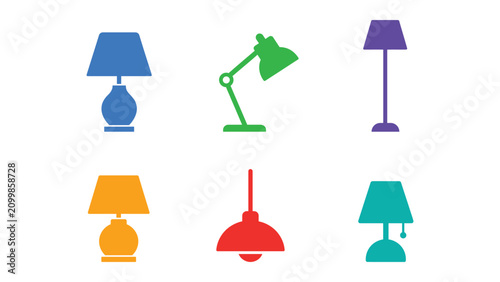 Premium Minimal Colorful Lamp Icon Set – Flat Vector Table, Desk, Floor, Pendant and Bedside Lighting Icons Isolated on White Background