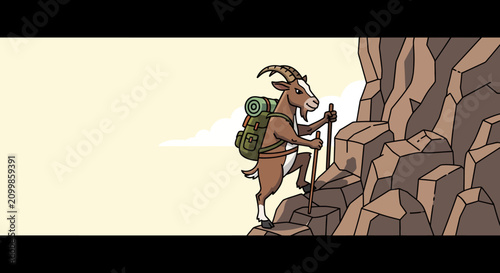 Goat climber with backpack scales rocky mountain peak, illustration
