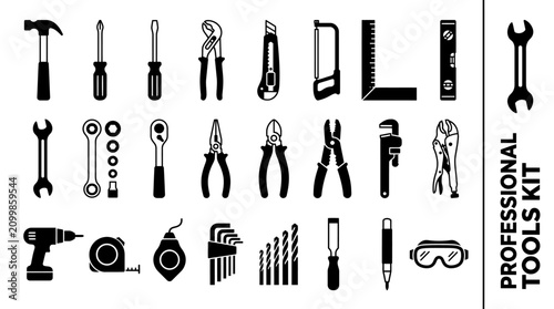 Comprehensive vector silhouette collection of essential construction and repair tools, featuring a diverse array of instruments for skilled craftsmen and versatile DIY projects