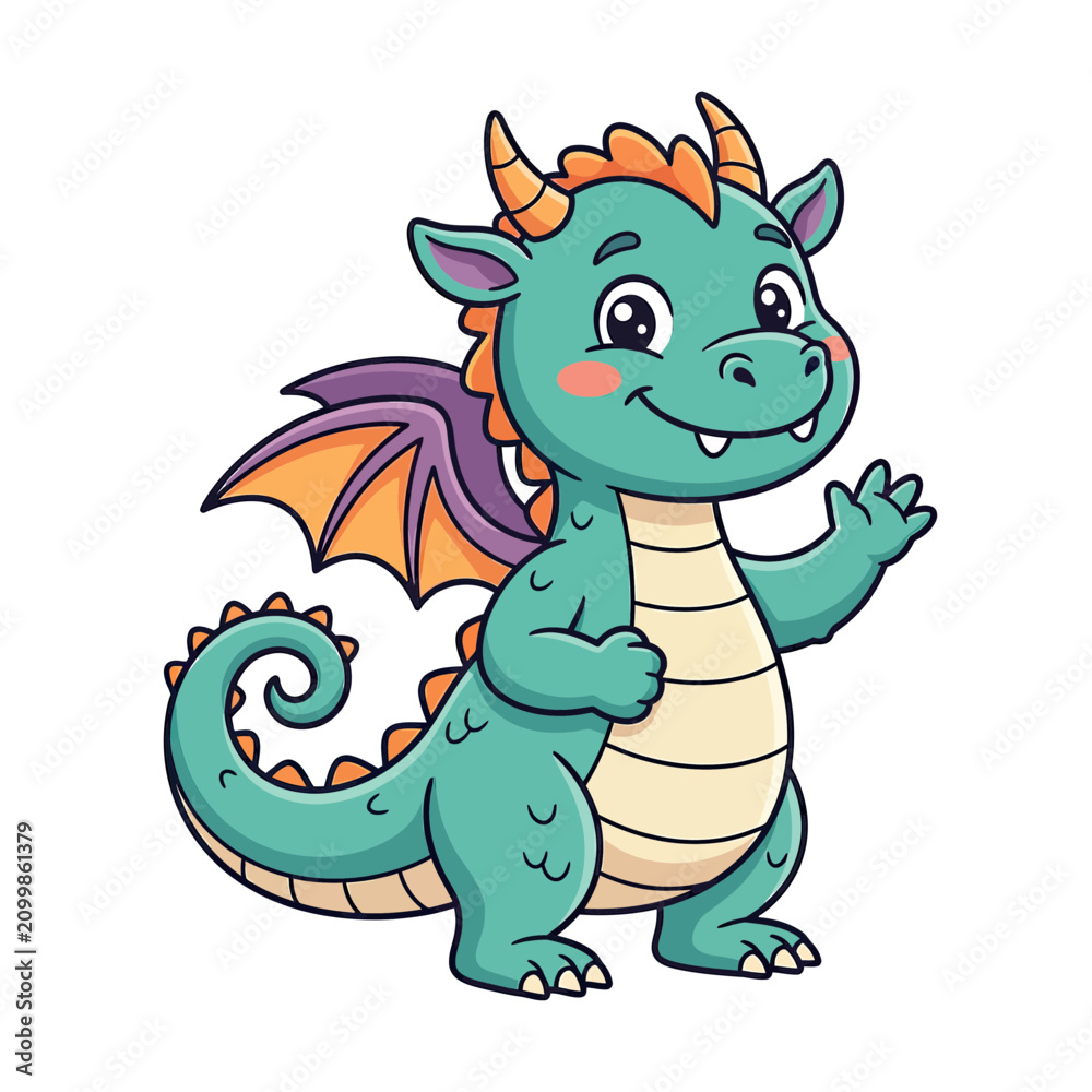 Fototapeta premium Cute cartoon dragon waving with a friendly smile