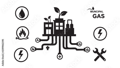 black vector icon of municipal gas utility building with connections