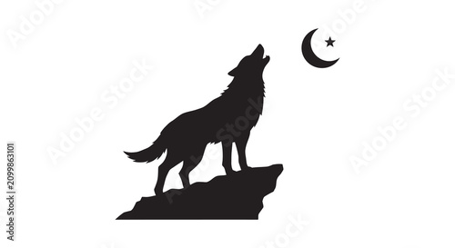 Foto Howling wolf on rocky outcrop black silhouette