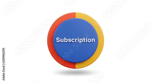 3D render of a circular infographic element with the word Subscription in blue on a red and yellow background