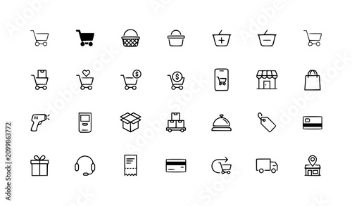 Photography Shopping Cart Outline and Flat Icons E-commerce Retail Vector Set