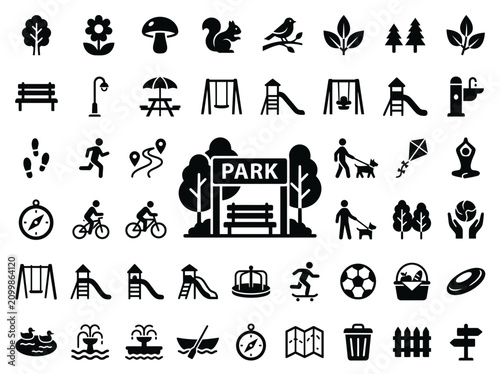 Outdoor Recreation Icons Set: Park, Nature, Activity Symbols for Design