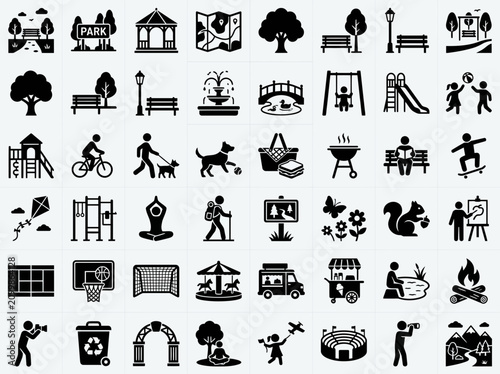 Park Icon Set: Recreation, Leisure, Nature, Activities, and Amenities