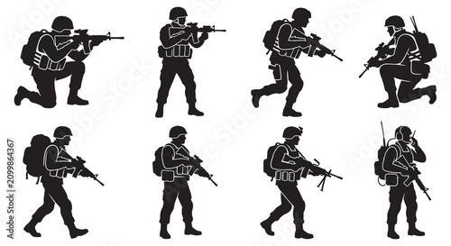 Obraz na płótnie Soldiers With Firearms In Various Poses Black Silhouette