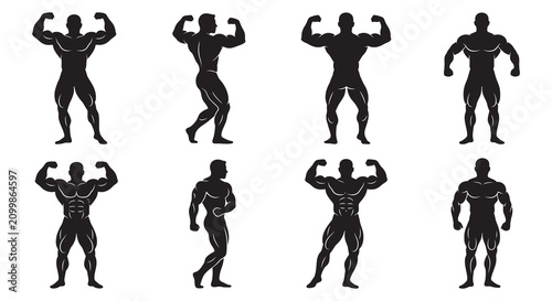 Foto Muscular male figures in various poses black silhouette