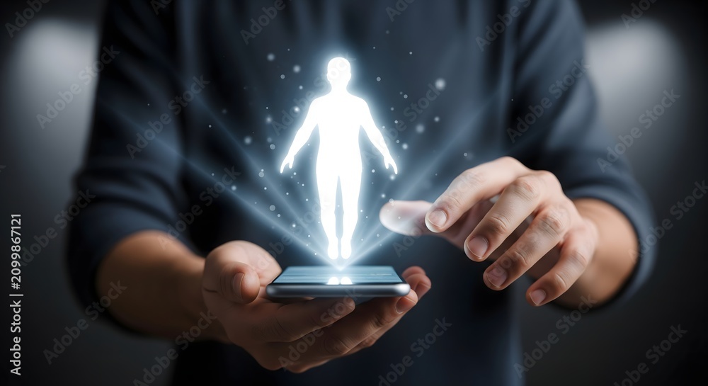 © black - A person interacting with a glowing digital human hologram projected from a smartphone.