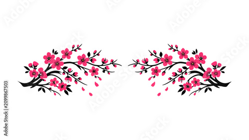 Pink cherry blossom branches vector illustration on transparent