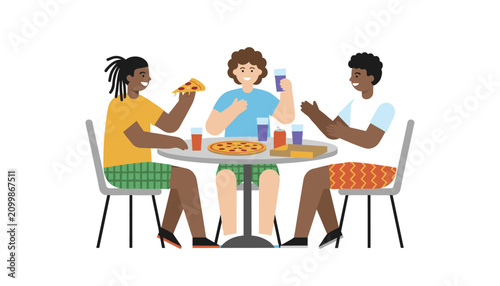 Three diverse friends sitting together at a table enjoying pizza and drinks during a casual social gathering or lunch.