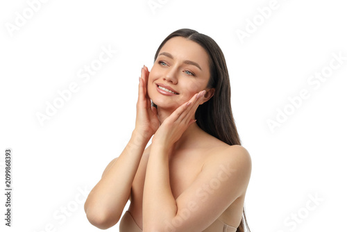 Schilderij op canvas Woman gently applying skincare products with a smile, isolated, PNG