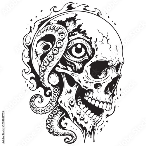Canvas-taulu Skull and octopus entwined with black and white design