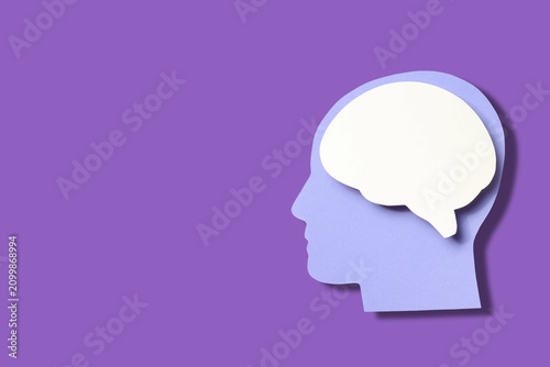 Purple backdrop shows paper cutout of head and brain