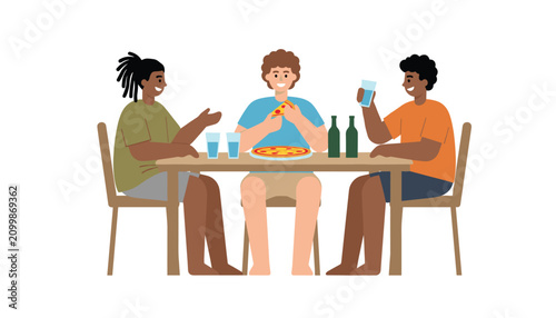 Three friends sitting at a table eating pizza and enjoying drinks together, representing casual social gathering and friendship vibes.