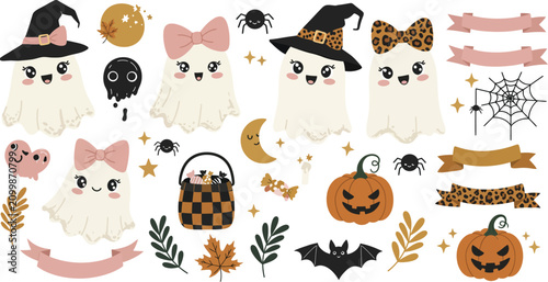 Cute hand drawn halloween sticker set featuring adorable ghosts with witch hats pumpkins bats spiders and festive ribbons on a white background