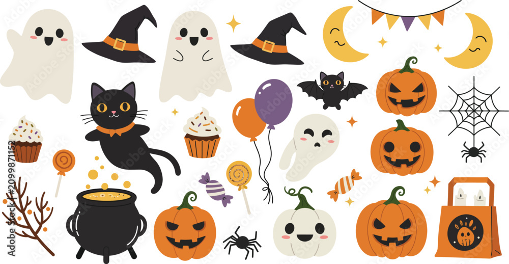 Obraz premium Set of cute hand drawn halloween elements including pumpkins ghosts black cat witch hat bat spider web and festive holiday decorations