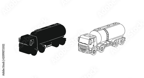 Tanker Truck Silhouette And Outline Drawing On White Background fuel