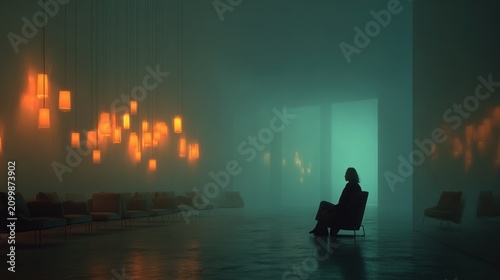 Dimly lit room with a person sitting in a chair in the middle of the room  mental health