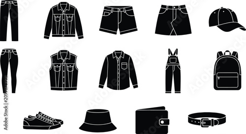 Fashion Clothing and Accessories Silhouette Icon Set with Apparel and Everyday Wear Collection