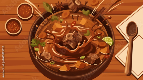 Tableau sur toile Oxtail Soup Ingredients Splashing in Bowl, Overhead View of Rich Broth with Meat