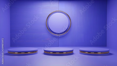 Modern Blue Podium Display Illustration with Circular Frame and Minimal Geometric Platforms for Futuristic Product Presentation