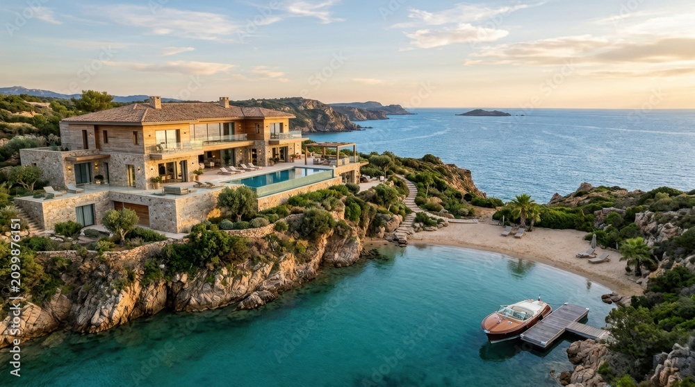 Fototapeta premium Luxury villa with infinity pool overlooking a serene bay and the Mediterranean Sea