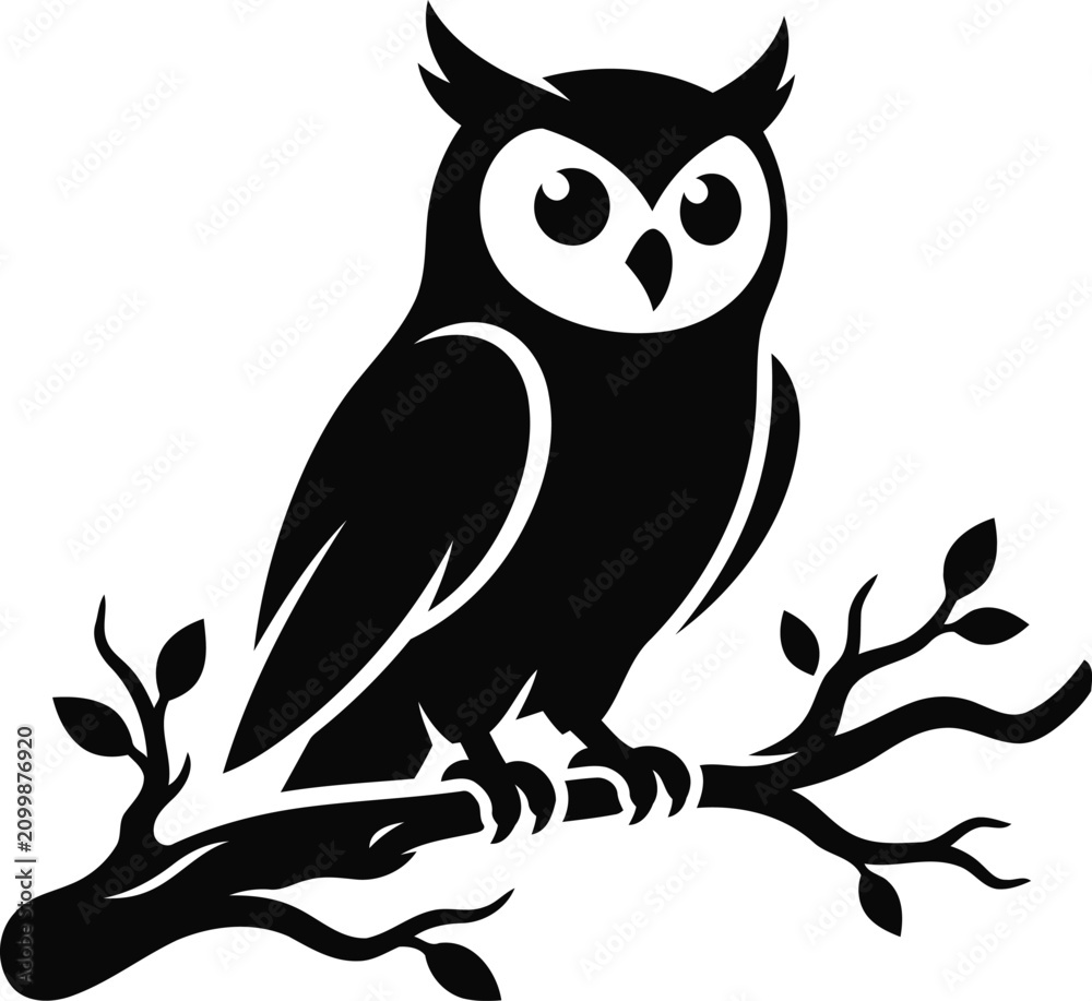Obraz premium Stylized owl perched on branch black and white vector illustration