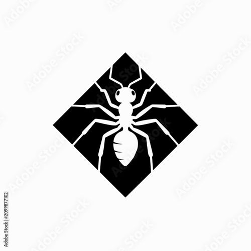 Minimalist white ant icon on black diamond background