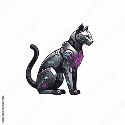 Futuristic cybernetic cat with robotic glowing parts