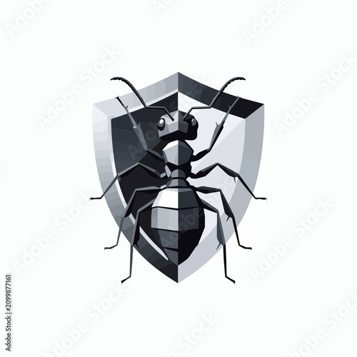 Black ant mascot on a bold protective shield emblem