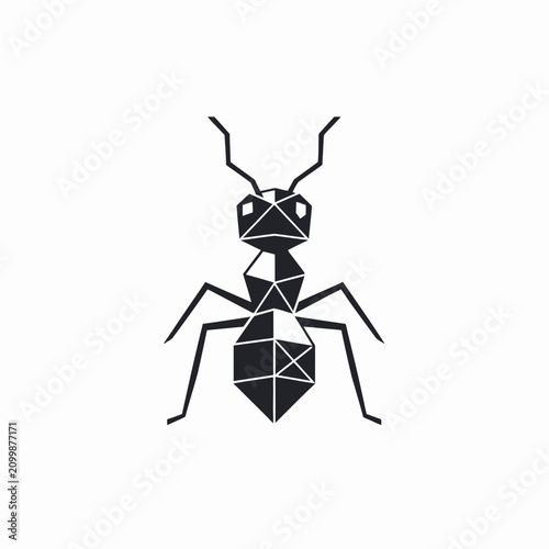 Geometric ant icon with polygonal facets in black and white