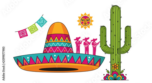 Colorful Mexican cultural elements including a sombrero with mariachis, a cactus, sun, and papel picado, celebrating traditional festivities.