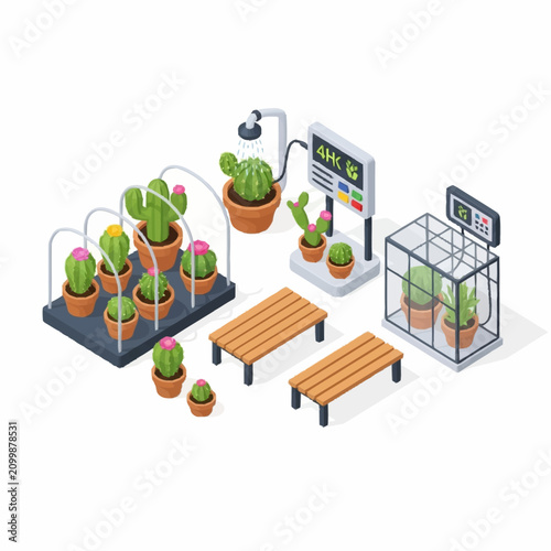 Isometric illustration of indoor hydroponic cactus garden setup.