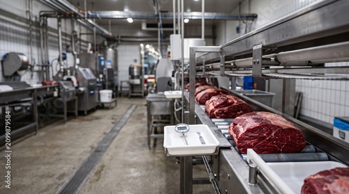 Raw beef primal cuts move along a conveyor belt in a sterile processing facility