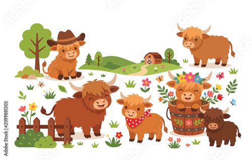 Cuadro en lienzo highland cow vector set, cute cartoon fluffy cattle farm characters, funny scottish calf wildlife clipart, kawaii country barnyard animal sticker elements