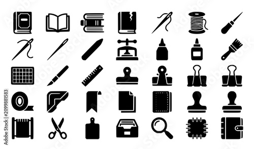 Quadro su tela Bookbinding and restoration craft icon set with vintage books sewing tools book