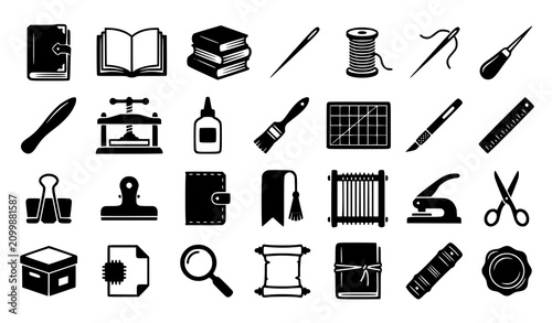 Φωτογραφία Minimal black bookbinding and restoration vector icon set featuring vintage book