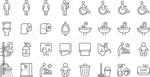 Clean line icon set depicting bathroom facilities for individuals and accessibility needs on white