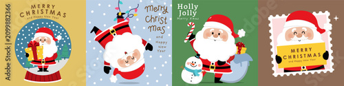 Merry Christmas and happy new year greeting card with cute Santa Claus collection. Holiday cartoon characters set. -Vector