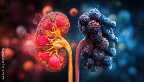 Healthy kidney vs diseased kidney illustration renal failure and organ damage visualization