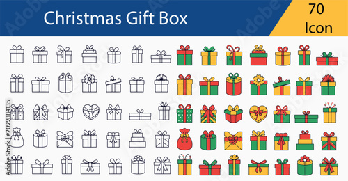 Christmas Gift Box Icon Set Color and Outline Vector Collection