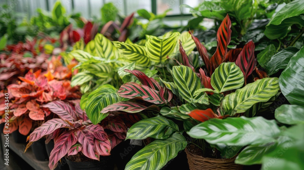 Fototapeta premium a collection of various Calathea species grouped together in a bright, glass-walled conservatory or sunroom